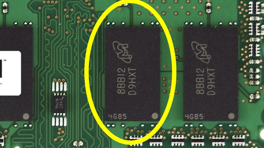 A photo of a computer's memory on a circuit board