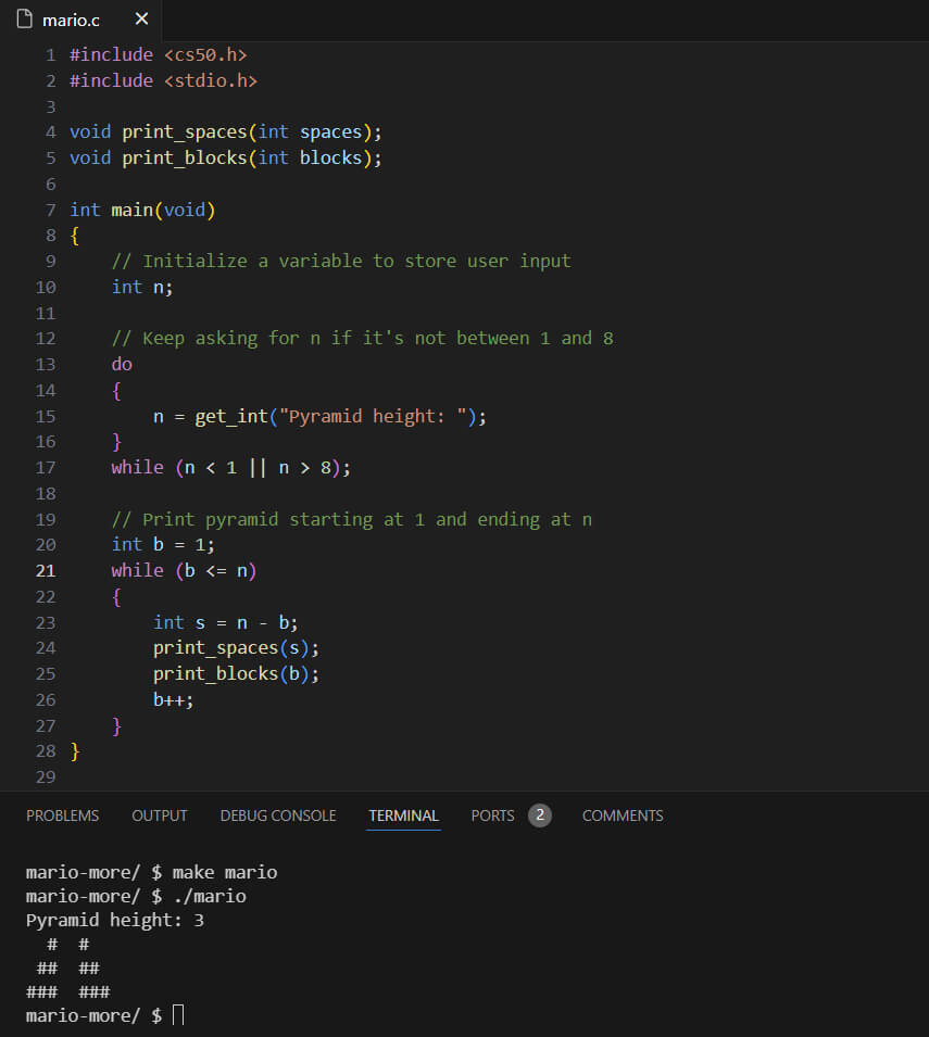 Screenshot of my mario pyramid program and result in terminal